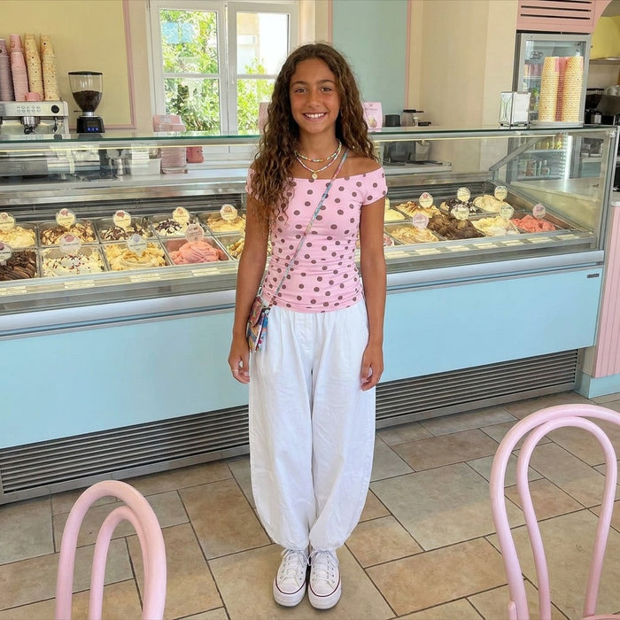 Basic Top-Off Shoulder-Polka Dots-Pink & Brown Spots