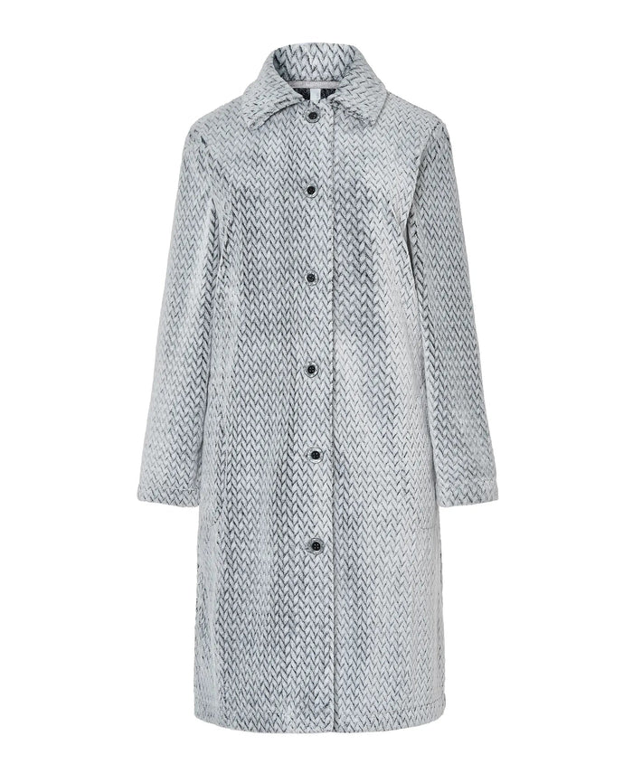 Bata de invierno de mujer gris Jacquard con dibujo espiga, abertura de botones, bolsillos laterales