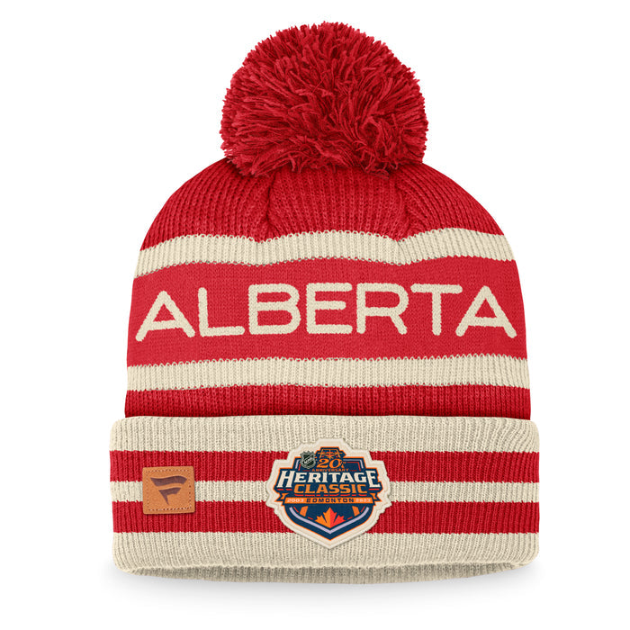Calgary Flames Fanatics Branded Cream-Red 2023 NHL Heritage Classic Cuffed Pom Knit Hat