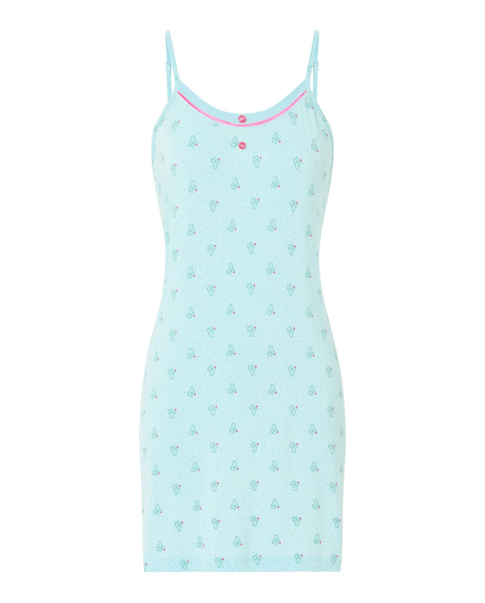 Camisón corto de mujer con tirante fino,
cuello redondo con botones y estampado de pequeños cactus
