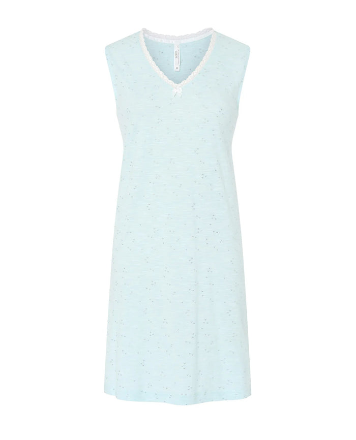 Camisón corto de mujer Lohe, tejido algodón modal estampado plata, puntilla en cuello pico y sin mangas.