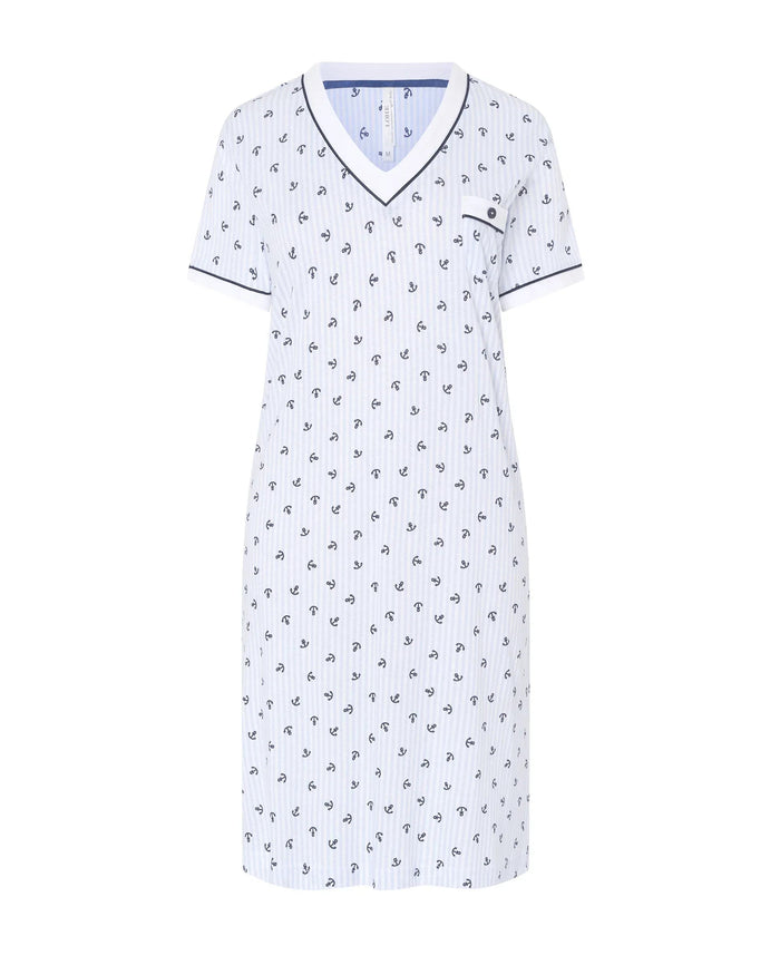 Camisón corto de mujer Lohe, tejido algodón modal estampado anclas, cuello pico y manga corta.