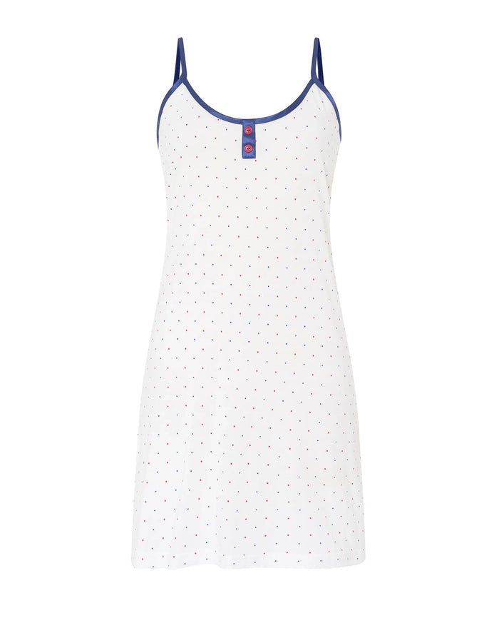 Camisón corto de mujer Lohe, tejido algodón modal estampado topitos, bieses de raso y tirantes.