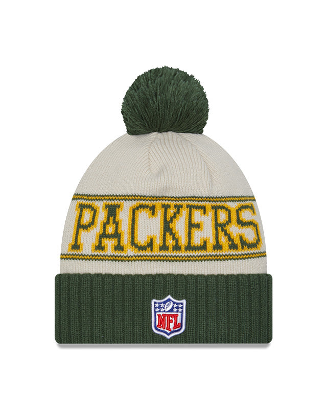 Green Bay Packers New Era 2023 Sideline Historic Pom Cuffed Knit Hat - Cream/Green