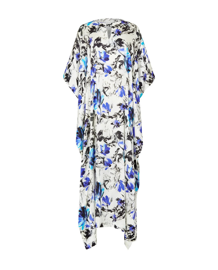 Kaftan de seda natural estampado con escote redondo y abertura central con manga mariposa al codo.
