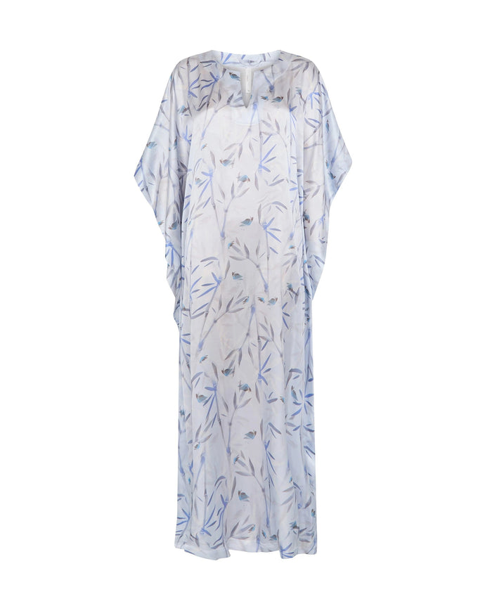Kaftan de seda natural estampado con escote redondo y abertura central con manga mariposa al codo