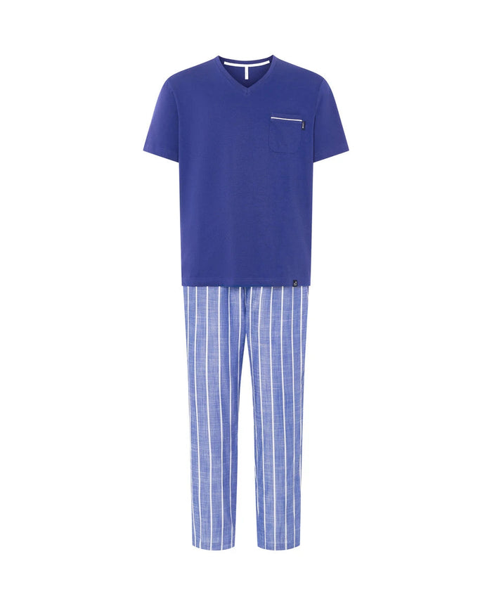Pijama de verano largo para hombre, manga corta, top liso modal azul, cuello pico y pantalón a rayas con bolsillos