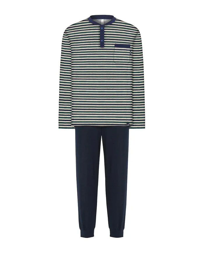 Pijama Lohe de hombre, parte superior de rayas, abertura de botones, manga larga y pantalón largo liso con puños.