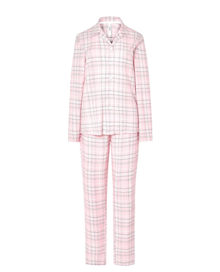 Pijama de mujer camisero con cuadros de suaves tonos rosa cuello clásico de solapa y manga larga