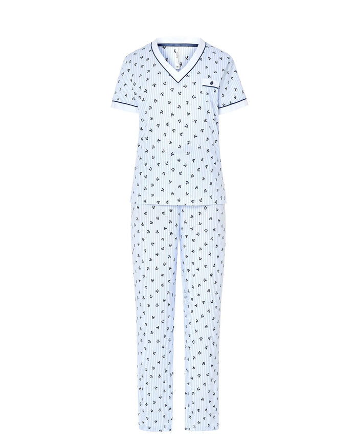 Pijama largo de mujer Lohe, tejido algodón modal estampado anclas, cuello pico, manga corta y pantalón largo con lazo de raso.