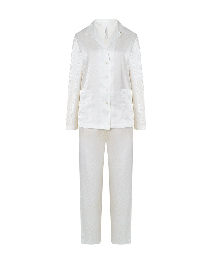 Pijama largo de mujer en jacquard marfil cuadritos, chaqueta abierta con botones de manga larga y pantalón largo