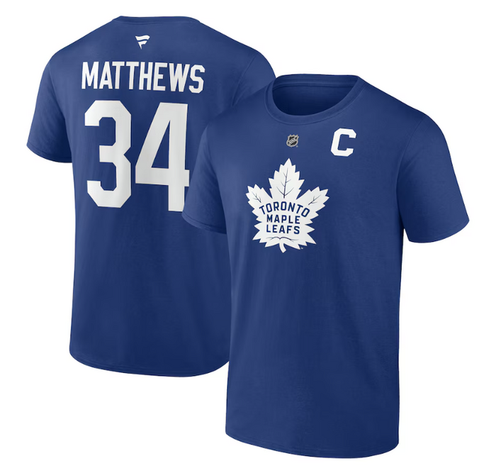 Toronto Maple Leafs Auston Matthews #34 Fanatics Name and Number with "C" T-Shirt -Blue