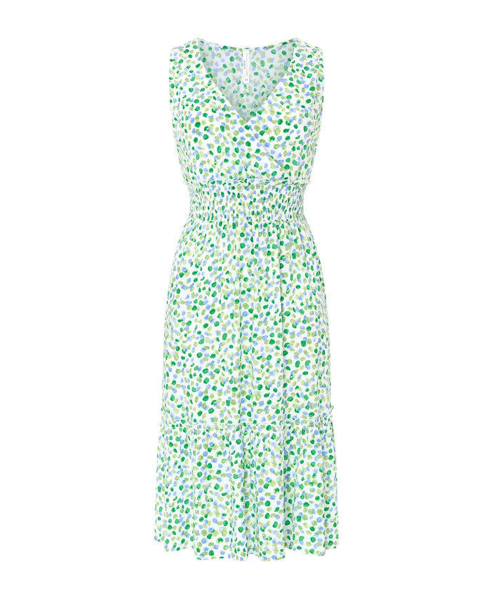 Vestido corto de verano viscosa sin mangas a topos y cintura nido de abeja