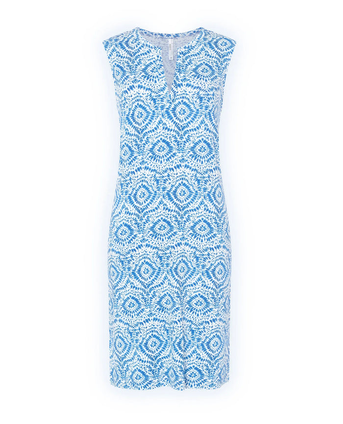 Vestido corto de mujer Lohe, tejido punto viscosa estampada, abertura con tirilla y sin mangas.
