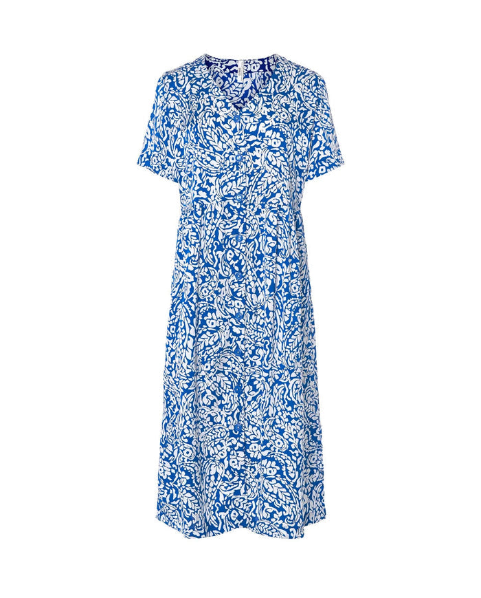 Vestido de baño largo de mujer de manga corta en plana, abierto con botones, cuello pico, estampado azul de flores.