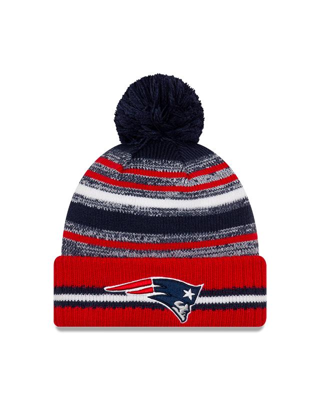 Youth New England Patriots New Era 2021 NFL Sideline - Sport Official Pom Cuffed Knit Hat - Red/Navy