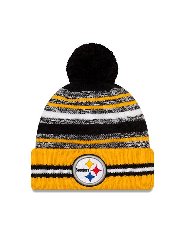 Youth Pittsburgh Steelers New Era 2021 NFL Sideline - Sport Official Pom Cuffed Knit Hat - Gold/Black