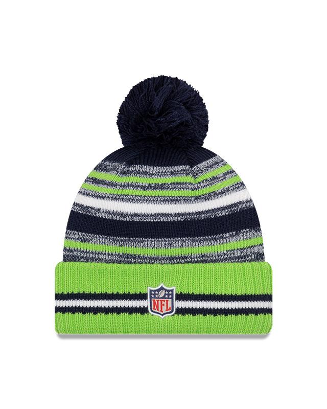 Youth Seattle Seahawks New Era 2021 NFL Sideline - Sport Official Pom Cuffed Knit Hat - Neon/Navy