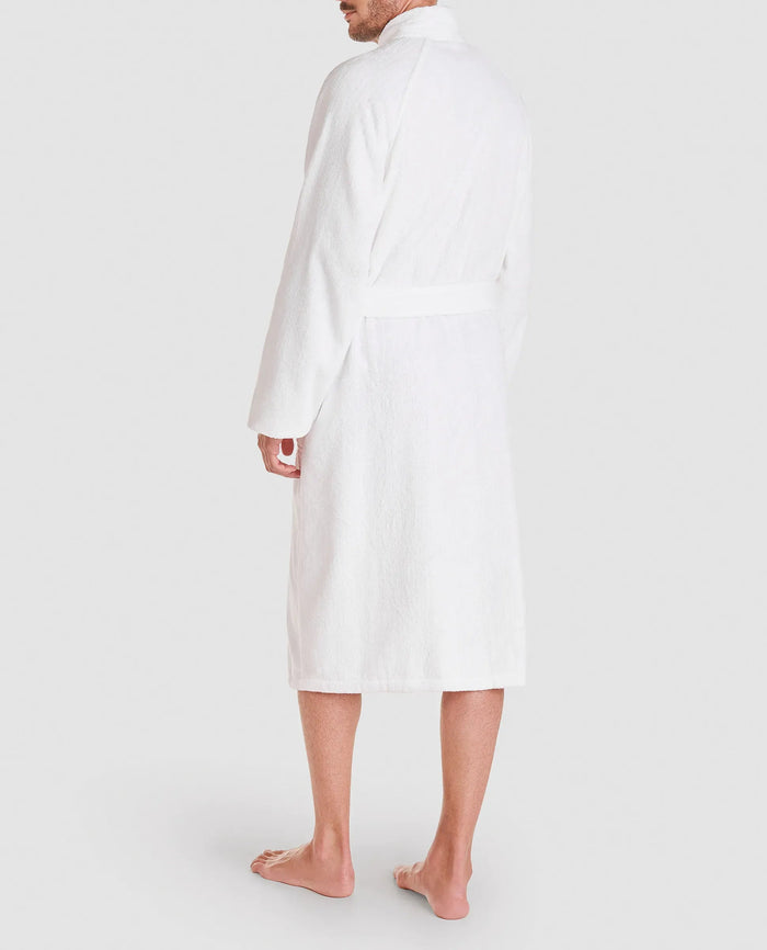 Vista de espalda de albornoz baño de algodón unisex color blanco