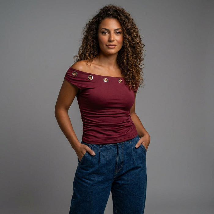 Basic Top-With Metal Rings-Off Shoulder-Burgundy