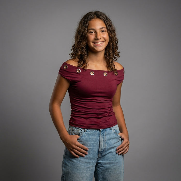 Basic Top-With Metal Rings-Off Shoulder-Burgundy