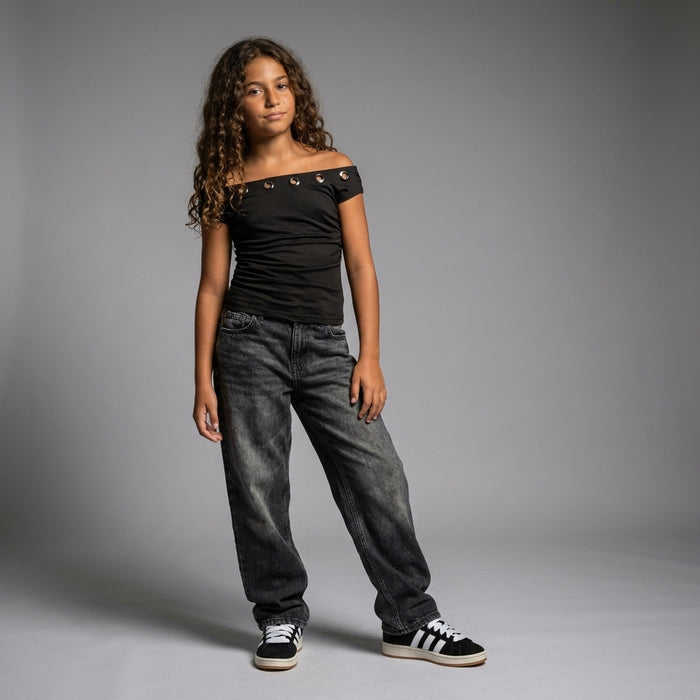 Basic Top With Metal Rings-Off Shoulder Neck-Black