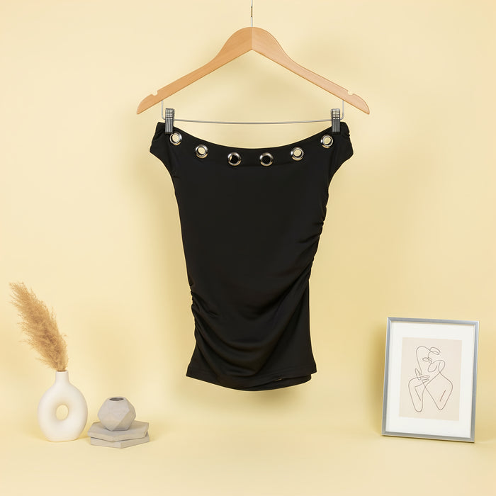 Basic Top With Metal Rings-Off Shoulder Neck-Black
