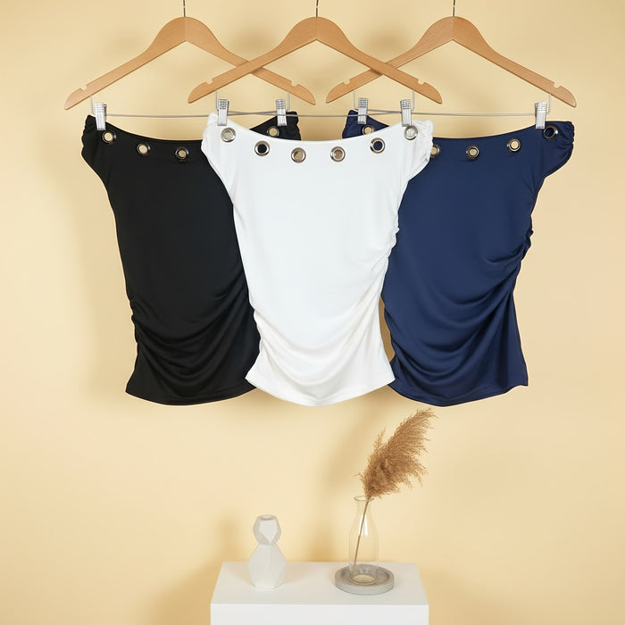 Basic Top With Metal Rings-Off Shoulder Neck-Black