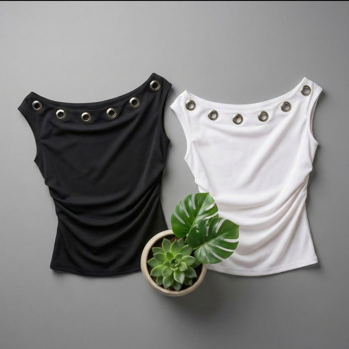 Basic Top With Metal Rings-Off Shoulder Neck-White
