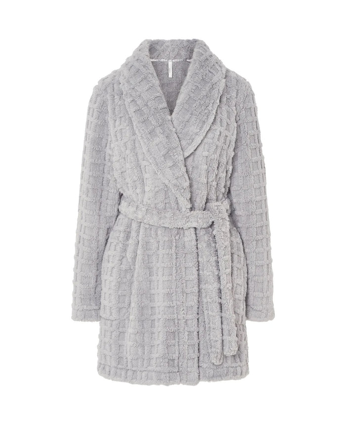 Bata cruzada corta gris jacquard de cuadros