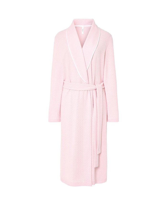 Bata lencera larga de mujer de manga larga cruzada con cinturón en jacquard rosa y vivo a contraste.
