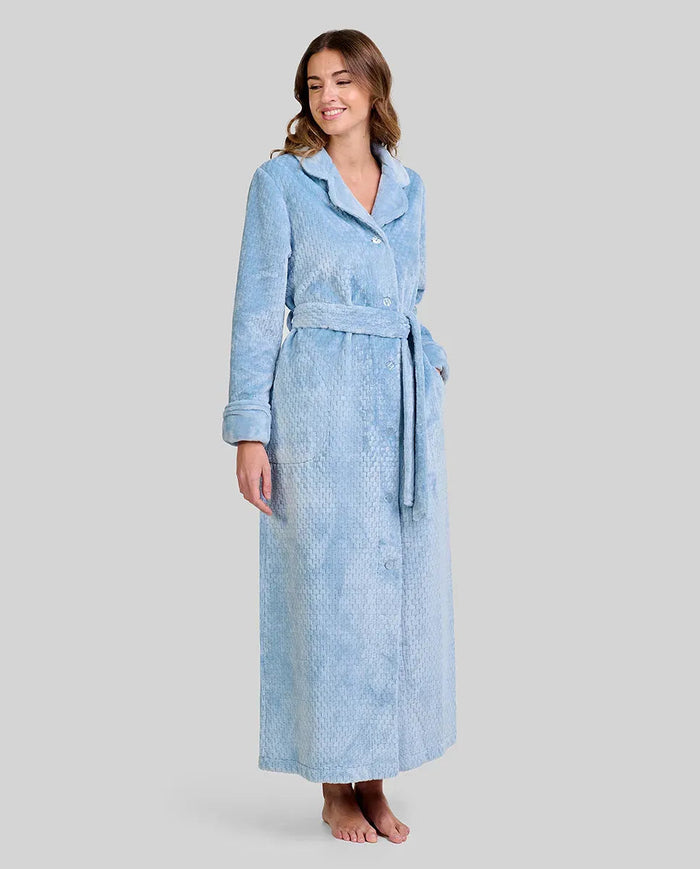 Mujer con bata larga de elegante Jacquard azul acero, cuello solapa, botones, cinturón y bolsillos laterales