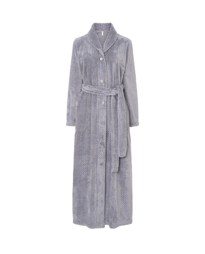 Bata Lohe de mujer Jacquard, largura máxima, de estilo clásico, botones, prácticos bolsillos laterales, cinturón, manga larga.