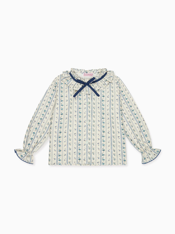 Blue Floral Stripe Felixa Long Sleeve Baby Girl Shirt