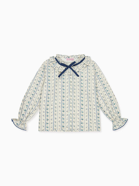 Blue Floral Stripe Felixa Long Sleeve Baby Girl Shirt