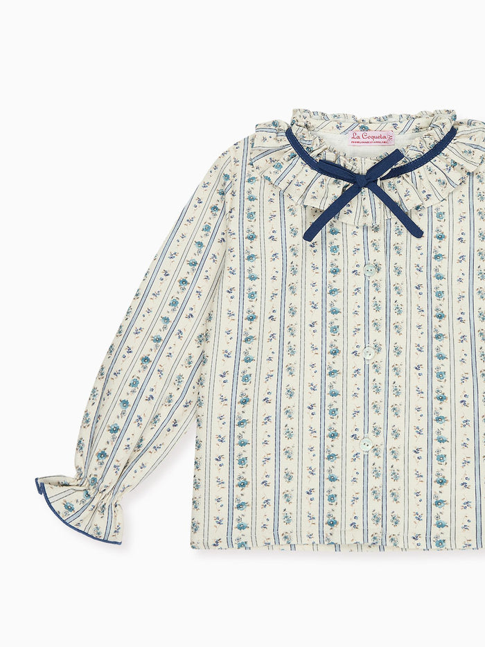 Blue Floral Stripe Felixa Long Sleeve Baby Girl Shirt