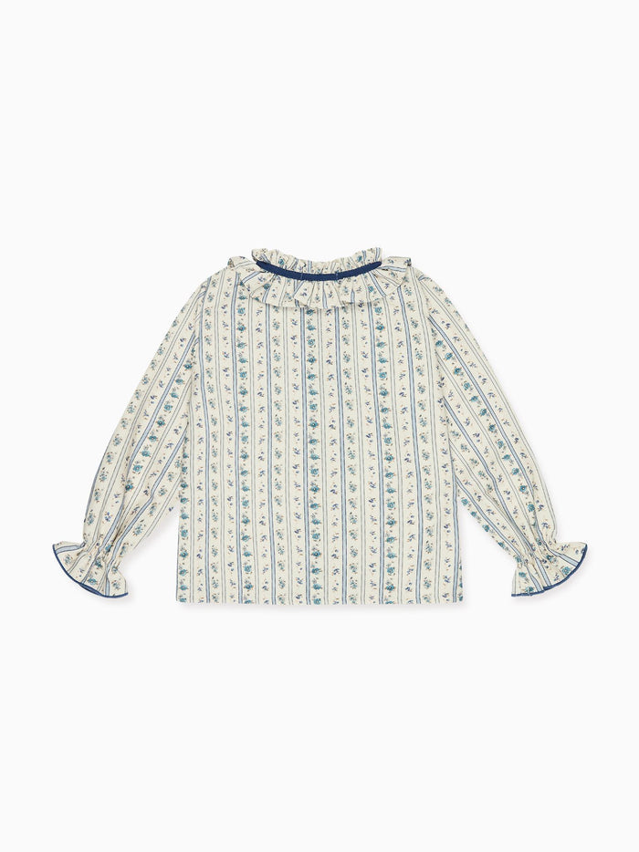 Blue Floral Stripe Felixa Long Sleeve Baby Girl Shirt