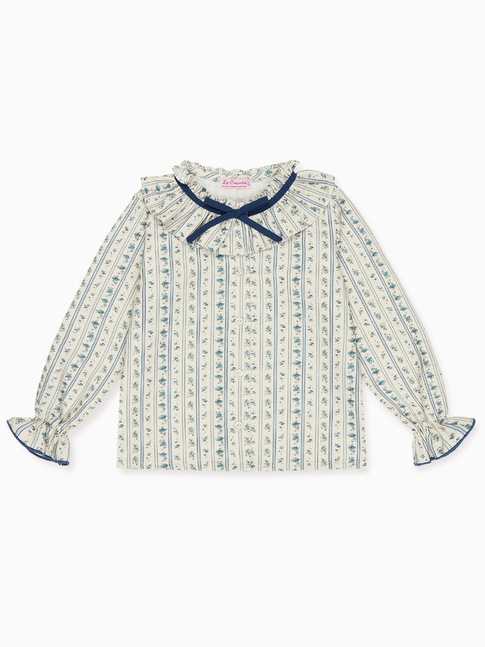 Blue Floral Stripe Felixia Long Sleeve Girl Shirt