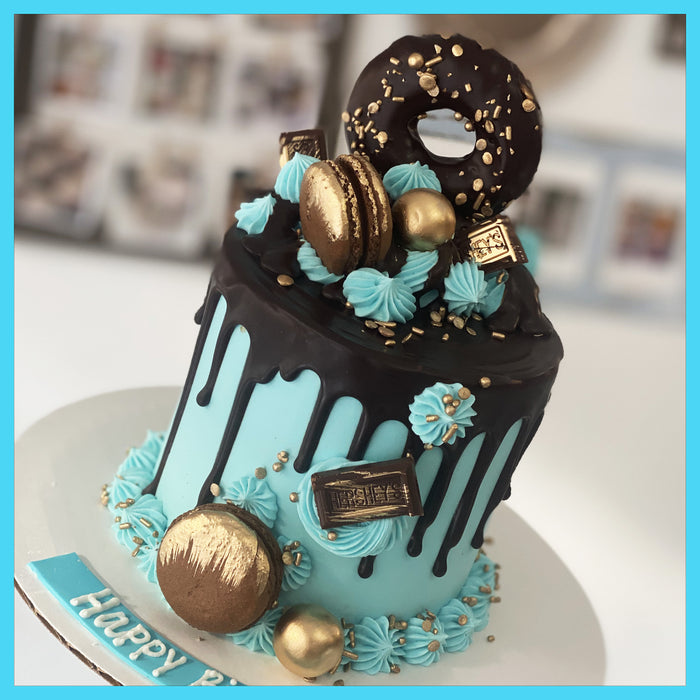 blue gold and ganache to go cake