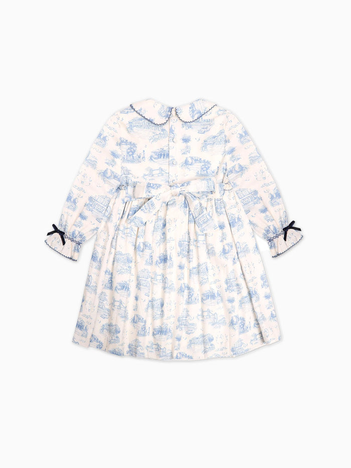 Blue Toile De Jouy Alice Girl Hand-Smocked Dress