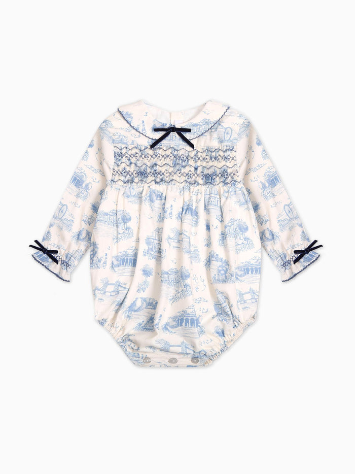 Blue Toile De Jouy Sabrina Baby Girl Smocked Romper