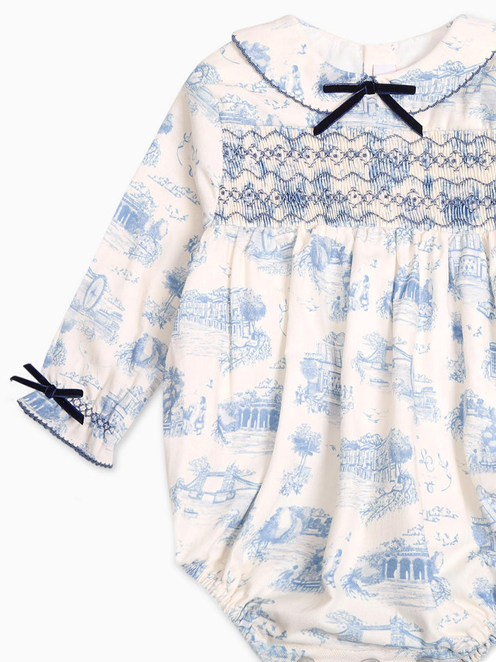 Blue Toile De Jouy Sabrina Baby Girl Smocked Romper