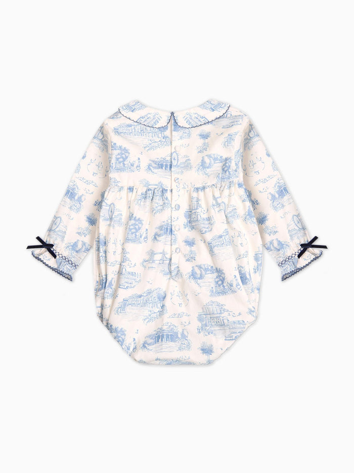 Blue Toile De Jouy Sabrina Baby Girl Smocked Romper