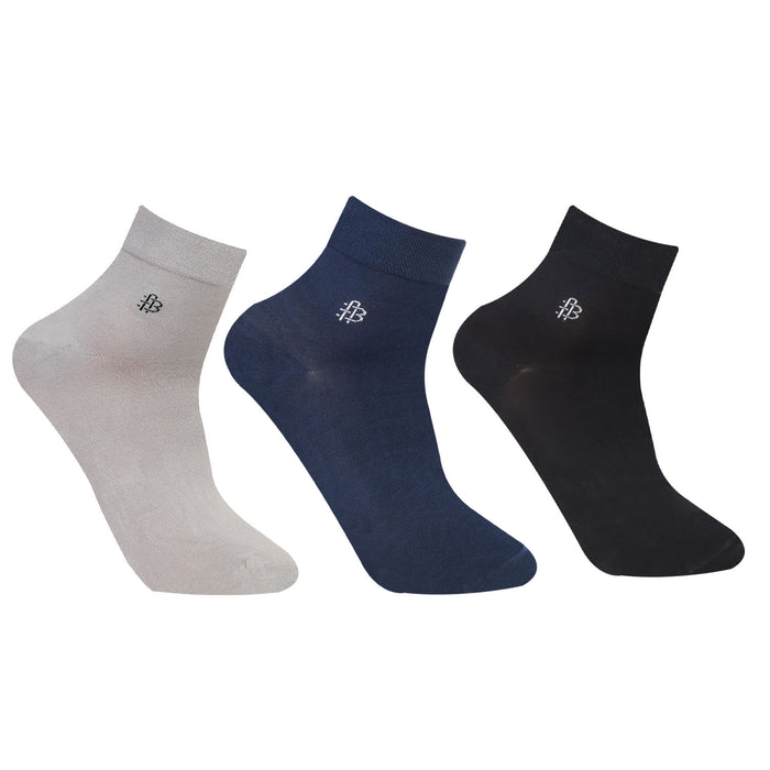 Bonjour Solid Collection Bamboo Ankle Socks for Men - Pack of 3 (Grey, Navy & Black)