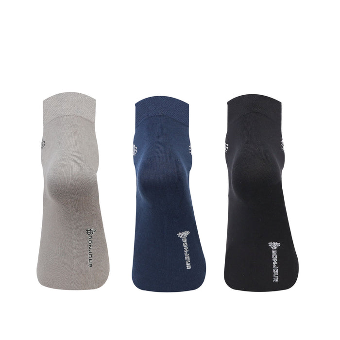 Bonjour Solid Collection Bamboo Ankle Socks for Men - Pack of 3 (Grey, Navy & Black)