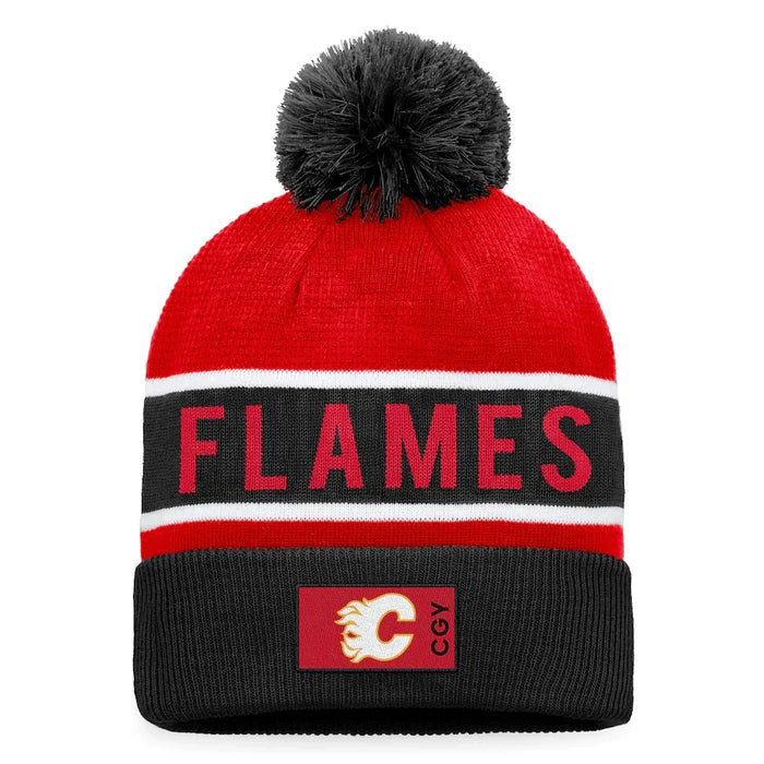 Calgary Flames Fanatics Branded Black/Red 2022 NHL Draft - Authentic Pro Cuffed Knit Toque with Pom