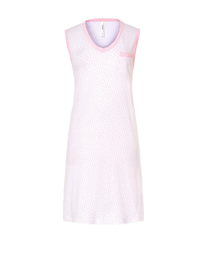 Camisón corto de mujer Lohe, tejido rosa estampado corazones, cuello pico y sin mangas.