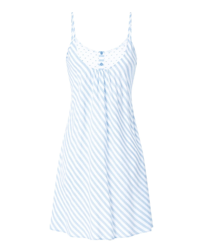 Camisón corto de mujer azul, estampado rayas, cuello redondo con botones y tirante fino.