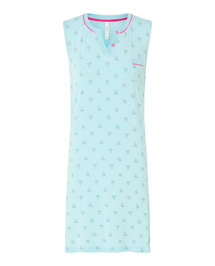 Camisón corto de mujer, estampado cactus, cuello con botones, sin mangas.