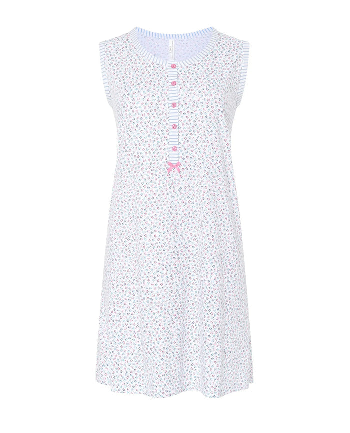 Camisón corto de mujer Lohe, tejido estampado flores, abierto con pata, botones y sin mangas.